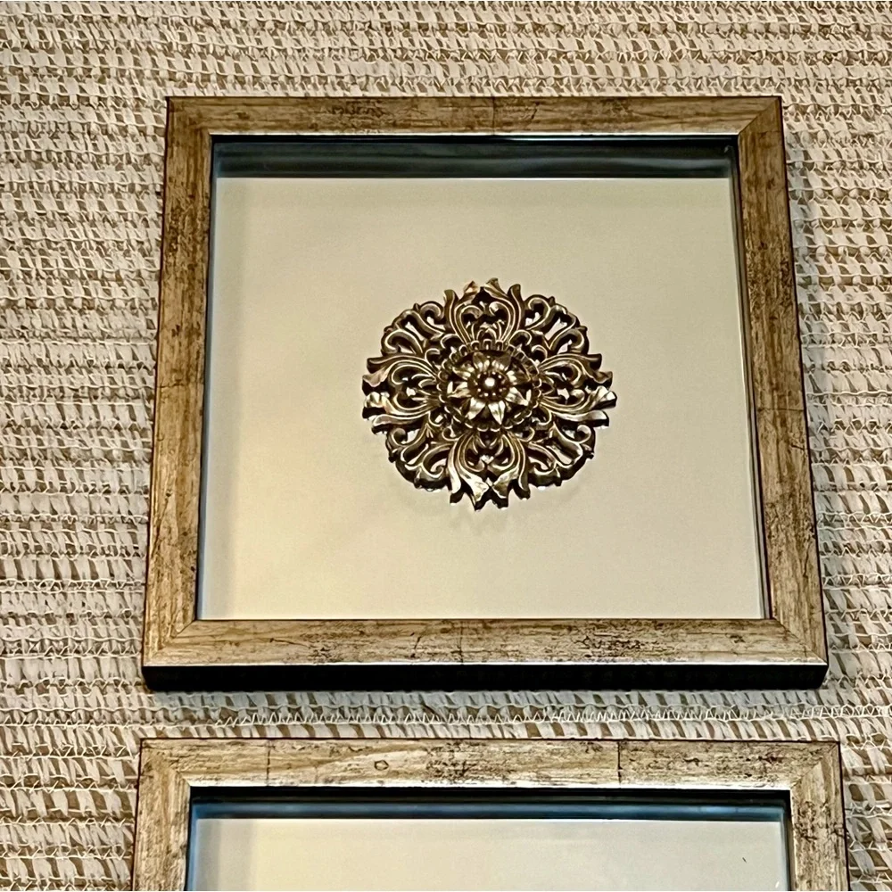 Medallion Mirrored Art Framed Wall Decor - Set of 2 in Antique Bronze